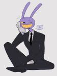 1boy alternate_costume animal_ears black_eyes colored_sclera formal gloves hand_on_own_face highres hyeondeku jax_(the_amazing_digital_circus) looking_to_the_side male_focus musical_note on_ground rabbit rabbit_ears simple_background sitting solo spoken_musical_note suit the_amazing_digital_circus white_gloves yellow_sclera 
