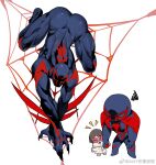  1boy 1girl :d animal_print ass bara blue_bodysuit bodysuit chibi chibi_inset fighting_stance fingernails full_body highres large_pectorals male_focus marvel muscular muscular_male notice_lines pectorals print_bodysuit red_bodysuit sharp_fingernails short_hair silk size_difference smile spider-man:_across_the_spider-verse spider-man_(2099) spider-man_(series) spider_print spider_web squiggle superhero thick_thighs thighs two-tone_bodysuit 