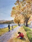  4boys autumn autumn_leaves blue_sky building day hedge highres mountainous_horizon multiple_boys ooy33151086 original painting_(medium) river riverbank road sky traditional_media tree water watercolor_(medium) 