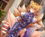  1boy 1girl :3 absurdres animal_ear_fluff animal_ears anus bar_censor blonde_hair blush breasts censored closed_mouth commentary_request erection fangs female_masturbation female_pubic_hair fox_ears fox_girl fox_tail hair_between_eyes highres indoors kitsune looking_at_viewer mahimaru male_masturbation masturbation medium_hair multiple_tails mutual_masturbation penis pov presenting pubic_hair pussy short_hair solo_focus spread_pussy squatting tabard tail touhou variant_set yakumo_ran yellow_eyes 