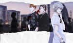  3boys adjusting_eyewear aohitsugi_samatoki bead_bracelet beads black_hair black_necktie blue_eyes bracelet brown_eyes brown_hair busujima_rio_mason camouflage cigarette dar_rs glasses green_eyes highres hypnosis_mic iruma_jyuto jewelry long_sleeves looking_at_viewer mad_trigger_crew male_focus multiple_boys necktie pocket profile red_shirt shirt short_hair short_sleeves skull_print smoking white_hair white_shirt 