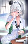  1girl 258n absurdres black_headband blue_eyes breasts cup drunk green_jacket hand_on_own_face headband heart heart-shaped_pupils highres jacket konpaku_youmu partially_unbuttoned sakazuki shirt solo symbol-shaped_pupils touhou white_hair white_shirt 