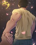  2boys ass bara black_hair denim facing_away falling_petals green_pants highres holding_hands jeans jewelry kulolin male_focus multiple_boys muscular muscular_male original pants petals pov pov_hands qixi_festival ring shirt short_hair solo_focus starry_background tanabata translation_request triceps yaoi yellow_shirt 