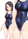  1girl absurdres black_eyes black_hair black_one-piece_swimsuit braid braided_bangs breasts collarbone commentary_request competition_swimsuit covered_navel feet_out_of_frame glasses head_out_of_frame highleg highleg_swimsuit highres logo looking_at_viewer medium_breasts multiple_views one-piece_swimsuit original parted_lips short_hair simple_background smile swimsuit takafumi white_background zoom_layer 