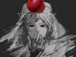  1boy apple eyelashes food fruit german_text grey_background habit highres kamippoina_(vocaloid) lauren_iroas long_sleeves looking_at_viewer male_focus monochrome nijisanji red_apple red_eyes simple_background solo straight-on tossing translation_request yow-utsugi 