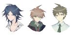  3boys ahoge black_hair black_jacket blue_eyes bowknot_huhu brown_eyes brown_hair collarbone collared_shirt cropped_shoulders danganronpa/zero danganronpa:_trigger_happy_havoc danganronpa_(series) danganronpa_2:_goodbye_despair green_hoodie green_necktie highres hinata_hajime hood hood_down hoodie jacket looking_at_viewer male_focus matsuda_yasuke multiple_boys naegi_makoto necktie parted_bangs shirt short_hair white_shirt 