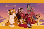  1girl 2boys aladdin_(disney) animal bracelet clothed_animal collarbone egasumi gold_bracelet gold_ring hand_fan hand_on_another&#039;s_shoulder highres holding holding_fan jamil_viper jewelry kalim_al-asim location_name multiple_boys najma_viper one_eye_closed open_mouth rajah_(disney) red_eyes ring sitting smile socks tan tiger turban twisted_wonderland ukata white_socks 