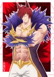  1boy abs absurdres animal_ears artist_name bara biceps bulge cat_ears crossed_arms gauntlets highres jacket kiazu114 league_of_legends male_focus manly mature_male muscular muscular_male no_shirt one_eye_covered pants pectorals red_background red_hair scar scar_on_face scar_on_nose sett_(league_of_legends) signature smirk solo thick_arms yellow_eyes 