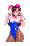  1girl animal_ears artist_name bare_shoulders blue_leotard blush blushyspicy bow bowtie breasts brown_hair brown_pantyhose cleavage covered_navel cowboy_shot d.va_(overwatch) detached_sleeves double_v ear_piercing earrings facial_mark fake_animal_ears fake_tail groin hands_up heart heart_earrings jewelry leotard medium_breasts overwatch pantyhose piercing pink_bow pink_bowtie playboy_bunny rabbit_ears rabbit_tail shiny_clothes skindentation smile solo tail v watermark wrist_cuffs 