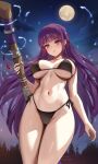  1girl bare_shoulders bikini black_bikini blunt_bangs blush breasts cleavage cloud collarbone fern_(sousou_no_frieren) foxyreine full_moon highres large_breasts long_hair looking_at_viewer moon navel night night_sky pout purple_eyes purple_hair sidelocks sky solo sousou_no_frieren staff swimsuit thighs 