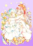  2girls armpit_crease bare_legs blue_dress blue_hair blush bow carrying closed_eyes collarbone colored_inner_hair daisy dandelion dress dress_bow embarrassed feet flat_chest flower frilled_dress frills gradient_background gradient_hair hair_flower hair_ornament high_ponytail long_hair looking_at_another mahou_shoujo_madoka_magica marker_(medium) miki_sayaka multicolored_hair multiple_girls off-shoulder_dress off_shoulder open_mouth pink_dress princess_carry purple_background red_eyes red_hair rocni sakura_kyouko short_dress short_hair sleeveless sleeveless_dress smile traditional_media very_long_hair wavy_mouth yuri 