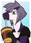  &lt;3 &lt;3_eyes ambiguous_gender anthro avian beak claws clothed clothing container cup drinking feather_hair feathers grey_eyes hair horn nevrean pseudo_hair purple_body purple_feathers short_hair solo starsky_avali straw_in_mouth suki_(starsky_avali) toothed_beak 