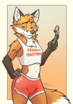  2022 anthro bottomwear canid canine clothing english_text femboy_hooters footprint fox hi_res hotpants male mammal note pawprint pencil_(object) shirt shorts simple_background solo standing tank_top text tokuya topwear 