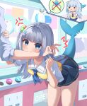  1girl absurdres biting_arm bloop_(gawr_gura) blue_eyes blue_hair blue_nails blue_necktie blue_skirt blush breasts cet_(hajisirazunoko) crane_game fang fins fish_tail gawr_gura gawr_gura_(school_uniform) grey_hair hair_ornament highres hololive hololive_english looking_at_viewer medium_hair multicolored_hair nail_polish necktie official_alternate_costume one_side_up rabbit_hair_ornament shark_girl shark_tail shirt skin_fang skirt small_breasts smile streaked_hair tail vest virtual_youtuber white_shirt yellow_vest 