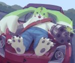  absurd_res akitoinusu ammo_belt anthro bandai_namco bottomwear car claws clothing denim denim_clothing digimon digimon_(species) gargomon gun_arm hi_res horn jeans long_ears male pants pawpads shirtless solo vehicle 