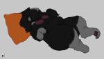  anthro areola belly binturong bk_sat(artist) chubby_female ezekiel_(quartzal) female fluffy fluffy_tail fur gloves_(marking) grey_body grey_fur grey_pawpads hi_res lying mammal markings on_back orange_pillow pawpads pillow pink_areola simple_background sleeping slightly_chubby solo tail thick_thighs viverrid 