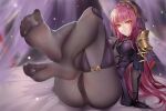  1girl armor ass bed bodysuit breasts curtains fate/grand_order fate_(series) feet foot_focus hair_intakes highres kamue large_breasts legs leotard no_shoes pauldrons purple_bodysuit purple_hair purple_leotard red_eyes scathach_(fate) shoulder_armor soles solo 