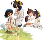  2boys backpack bag brown_bag brown_eyes brown_footwear brown_hair collared_shirt commentary_request crossed_bangs florian_(pokemon) grass habu_(seiho_1334) hairband hat highres holding_strap jacket kieran_(pokemon) male_focus multiple_boys necktie orange_necktie orange_shorts pokemon pokemon_(creature) pokemon_(game) pokemon_sv school_uniform shirt shoes short_hair shorts sitting smile socks squatting white_jacket white_shirt white_shorts white_socks wooper yellow_hairband 