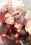  2boys absurdres bakugou_katsuki black_gloves blonde_hair boku_no_hero_academia gloves highres kirishima_eijirou large_pectorals male_focus middle_finger multiple_boys muscular muscular_male no-kan one_eye_closed open_mouth pectorals red_eyes sharp_teeth short_hair smile spiked_hair teeth tongue tongue_out upper_body 