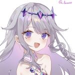  bare_shoulders blush chest_jewel collar collarbone colored_inner_hair commentary detached_collar grey_hair hair_flaps headpiece highres hololive hololive_english jewel_under_eye koseki_bijou long_hair looking_at_viewer luna_(luna610) multicolored_hair open_mouth purple_eyes purple_hair sidelocks simple_background smile twitter_username two-tone_hair upper_body virtual_youtuber wavy_hair white_background white_collar 
