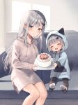  2girls :d ^_^ animal_ears animal_hood black_thighhighs blue_eyes cake cat_ears cat_hair_ornament cat_hood closed_eyes closed_mouth commentary_request couch fake_animal_ears female_child food fruit grey_hair grey_hoodie hair_ornament hairclip happy_birthday holding hood hood_up hoodie long_hair long_hoodie midorikawa_you multiple_girls no_shoes on_couch original sitting smile soles strawberry thighhighs very_long_hair window 
