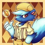  animal_crossing anthro bells_(animal_crossing) blue_body blue_fur button_(fastener) clothed_anthro clothed_male clothing coin coin_flip coin_toss crazed_doodler digital_media_(artwork) dress_shirt fluffy fluffy_tail fur hand_in_pocket hat headgear headwear hi_res kicks_(animal_crossing) male male_anthro mammal mephitid nintendo pattern_background pockets red_eyes shirt short short_anthro short_male simple_background skunk skunk_tail smile solo suspenders tail topwear white_body white_fur 