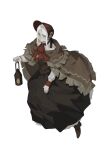  1girl ascot bangs bloodborne blush bonnet brown_footwear cloak doll_joints dress flower hat highres holding_lamp joints la_bo_chu_shi looking_at_viewer plain_doll red_ascot red_headwear shoes short_hair simple_background solo white_background white_hair 