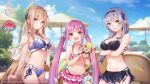  3girls bag beach bikini black_bikini blonde_hair blue_bikini blue_sky breasts cape collarbone crossed_arms green_eyes grey_hair hair_ornament hand_on_own_face heaven_burns_red highres izumi_yuki_(heaven_burns_red) kunimi_tama large_breasts long_hair looking_at_viewer multiple_girls official_art outdoors pink_hair red_eyes round_eyewear shirakawa_yuina sidelocks sky star_(symbol) star_hair_ornament swimsuit 