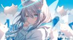  1girl absurdres angel_wings animal_ears blue_eyes blush cat cat_ears closed_mouth commentary grey_hair hair_ornament halo hand_up highres hood hood_down hoodie long_hair long_sleeves looking_at_viewer original see-through sidelocks solo squallea very_long_hair white_hoodie wings x_hair_ornament 