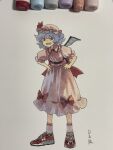  1girl full_body grin hands_on_own_hips highres looking_at_viewer red_eyes remilia_scarlet shiratama_(hockey) smile solo touhou traditional_media v-shaped_eyebrows 
