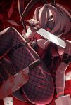 1girl animal_ears bare_shoulders belt black_eyes black_nails blood blood_on_knife blood_splatter breasts brown_hair card checkered_background cleavage fake_animal_ears fishnet_pantyhose fishnet_thighhighs fishnets hair_between_eyes hair_over_one_eye highres holding holding_weapon knife large_breasts leotard looking_at_viewer mask medium_hair nail_polish original pantyhose playboy_bunny playing_card psidubs rabbit_ears red_leotard solo strapless strapless_leotard thighhighs weapon wrist_cuffs 