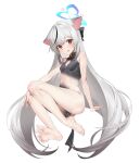  1girl absurdres animal_ears baka_(bakayaro111555) bare_legs barefoot black_dress black_hair black_ribbon blue_archive blush breasts brown_eyes cleavage dress feet full_body gradient_hair grey_hair hair_between_eyes hair_ribbon halo highres kokona_(blue_archive) long_hair looking_at_viewer multicolored_hair parted_lips pelvic_curtain presenting_foot ribbon simple_background sleeveless sleeveless_dress small_breasts soles solo spread_toes streaked_hair striped striped_dress toes vertical-striped_dress vertical_stripes very_long_hair white_background 