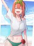  1girl arm_up beach bikini blush bow breasts closed_eyes commentary_request gakkunning go-toubun_no_hanayome green_bikini green_bow green_hairband green_ribbon hair_between_eyes hair_ribbon hairband highres large_breasts nakano_yotsuba navel open_mouth orange_hair ribbon see-through shirt side-tie_bikini_bottom smile solo stomach swimsuit white_shirt 