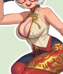  1girl bare_shoulders breasts glasses lips purah riz short_hair sitting smile solo teeth the_legend_of_zelda thighs tongue white_hair 