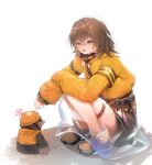  1girl absurdres aoinu_(aoinu_99) arknights brown_eyes brown_hair cement_(arknights) crack cracked_floor hard_hat helmet highres jacket mole_(animal) orange_jacket see-through see-through_skirt skirt smile squatting 