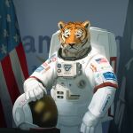  1:1 2020 amazon_(company) anthro apple_inc. armor astronaut at&amp;t clothed clothing comcast digital_media_(artwork) english_text felid flag front_view frown fur futuristic google headgear helmet hi_res kavaeric looking_at_viewer male mammal microsoft orange_body pantherine red_bull science_fiction solo spacesuit spacex standing stars_and_stripes story_at_source striped_body striped_fur stripes text tiger united_states_of_america walmart white_body white_clothing 