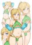  2023 absurd_res armwear blonde_hair breath_of_the_wild bulge clothed clothing crossdressing elf gerudo_outfit girly hair hashitea hi_res humanoid humanoid_pointy_ears hylian light_body light_skin link male navel nintendo not_furry pose simple_background smile solo the_legend_of_zelda 