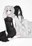  2girls black_dress black_eyes black_hair character_name creepypasta crossover dress friends highres long_hair multiple_girls no_shoes original pale_skin sasseo_kim_(kyone_burst) short_hair sitting the_ring twintails white_background white_dress white_hair yamamura_sadako 