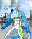  2_penises abs alkan animated anthro big_pecs blue_body bodily_fluids city city_background clothed clothing cum erection fish genital_fluids genitals hi_res kashiver male marine multi_genitalia multi_penis multicolored_body muscular muscular_anthro muscular_male navel nipples nude nude_anthro nude_male open_clothing pecs penis pink_penis shark slit solo sweat tears two_tone_body yellow_eyes 