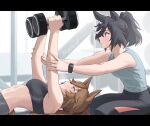  2girls alternate_costume alternate_hairstyle animal_ears artist_name bare_shoulders black_sports_bra blue_eyes breasts brown_hair closed_mouth commentary_request dumbbell exercise from_side hair_between_eyes highres horse_ears horse_girl horse_tail katsuragi_ace_(umamusume) long_hair lying medium_breasts medium_hair mr._c.b._(umamusume) mukakin multicolored_hair multiple_girls navel on_back ponytail short_sleeves smartwatch sports_bra sportswear streaked_hair sweat tail umamusume watch white_hair wristwatch 
