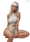  1girl absurdres armlet aylisnyan bodypaint bracelet breasts brown_eyes choker dark-skinned_female dark_skin earrings grey_hair highres hoop_earrings jewelry large_breasts lips long_hair looking_at_viewer original sitting sleeveless solo white_background 