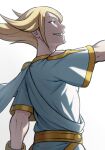  1boy bite_addict blonde_hair clothing_cutout from_side grey_eyes grin highres long_hair looking_up male_focus outstretched_arm pointy_hair pokemon pokemon_(game) pokemon_legends:_arceus shirt short_sleeves shoulder_cutout simple_background smile solo teeth volo_(pokemon) white_background white_shirt 