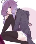  1girl absurdres arm_between_legs black_hoodie black_thighhighs blush commentary_request dress fang feet_out_of_frame from_side hand_on_own_knee head_on_knee head_rest highres hood hood_down hoodie knee_up long_sleeves looking_at_viewer looking_to_the_side microdress purple_dress purple_eyes purple_hair ribbed_dress short_hair_with_long_locks sitting smile solo thighhighs thighs vocaloid voiceroid wavy_mouth yoru_no_yamai yuzuki_yukari zettai_ryouiki 