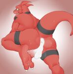  absurd_res anthro anus bandai_namco big_butt bodily_fluids butt chubby_male digimon digimon_(species) feet guilmon hi_res male matidramon musk paws red_body red_scales scales slightly_chubby solo sweat sweaty_feet 