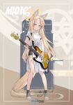  1girl absurdly_long_hair absurdres animal_ears bare_legs bass_guitar black_skirt blonde_hair blue_archive blush breasts dress expressionless fox_ears fox_girl gradient_eyes halo highres holding holding_instrument indoors instrument kenma_pro long_hair looking_at_object looking_down multicolored_eyes music pink_eyes playing_instrument seia_(blue_archive) short_sleeves side_slit skirt slit_pupils small_breasts smile very_long_hair white_dress yellow_eyes 
