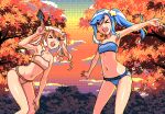  16bit_sensation 2girls arm_up autumn_leaves bikini blue_bikini blue_hair commentary_request dusk hair_ornament hand_on_own_knee kanikanitengoku koyama_kikiko koyama_rarako lowres multiple_girls one_eye_closed open_mouth orange_bikini orange_eyes orange_hair orange_sky pc-98_(style) pixel_art side_ponytail sidelocks sky star_(symbol) star_hair_ornament striped striped_bikini swept_bangs swimsuit tree twintails wavy_ends 