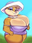  anthro bedroom_eyes big_breasts breasts cleavage clothed clothing dress female hat headgear headwear hi_res huge_breasts jewelry joelasko lagomorph leporid mammal mature_female narrowed_eyes necklace patricia_bunny rabbit seductive the_looney_tunes_show thick_thighs warner_brothers 