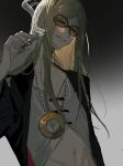  1boy black_background black_jacket blonde_hair cigarette fate/grand_order fate_(series) highres holding holding_cigarette jacket jewelry kuma_(2014384421) long_hair looking_at_viewer male_focus medallion navel necklace open_clothes open_jacket orange-tinted_eyewear shirt smile smoke solo sunglasses tezcatlipoca_(fate) tinted_eyewear two-tone_background upper_body white_background white_shirt 