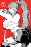  1girl ? absurdres breasts chest_sarashi erza_scarlet fairy_tail greyscale greyscale_with_colored_background highres large_breasts long_hair monochrome ponytail red_background sarashi simple_background solo spoken_question_mark yotsumi_shiro 