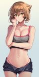  1girl bare_shoulders breasts green_eyes hair_between_eyes highres kantai_collection kasumi_(skchkko) large_breasts looking_at_viewer short_hair shorts smile solo tank_top 